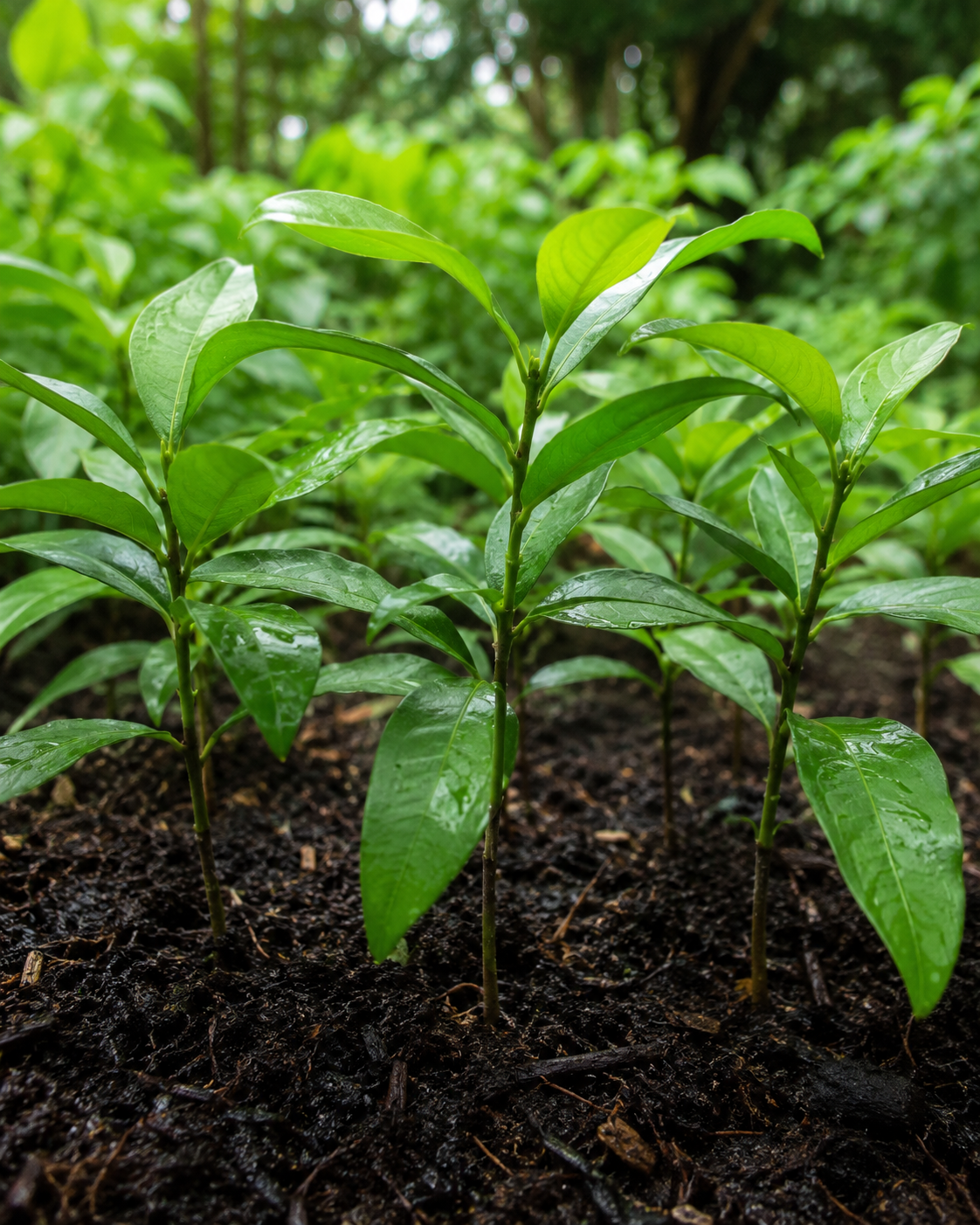 Young tree growing in restored rainforest landscape